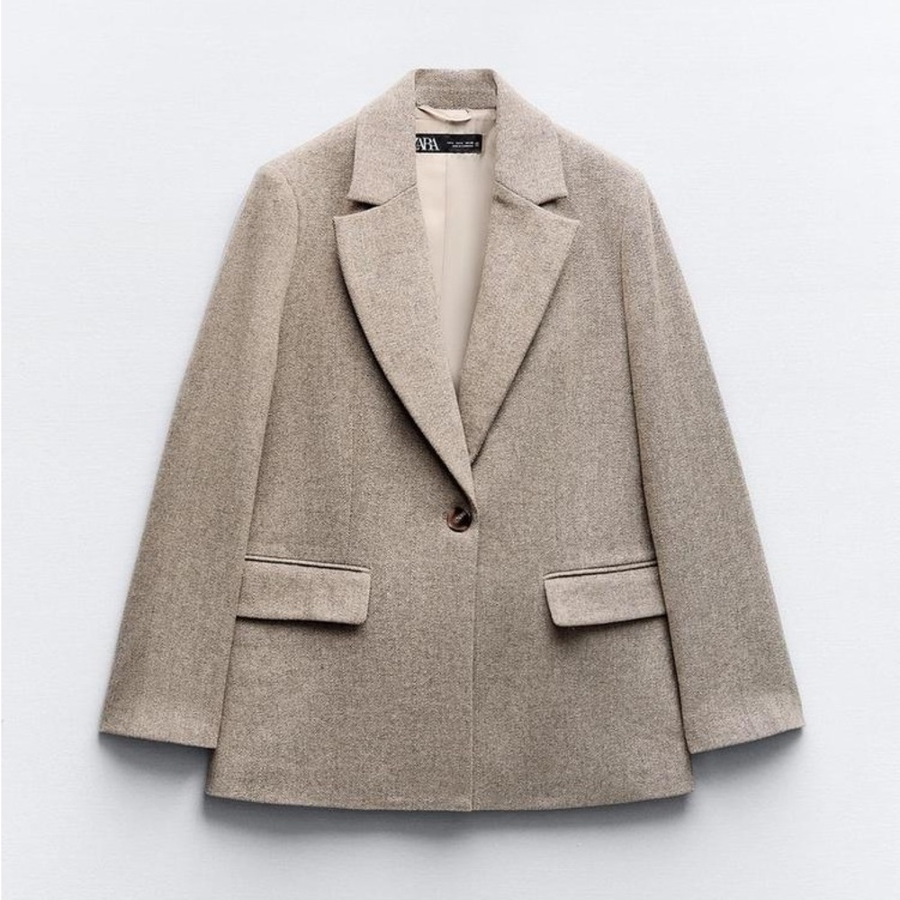 Zara Straight Cut Wool Blend Herringbone Blazer Jacket, S